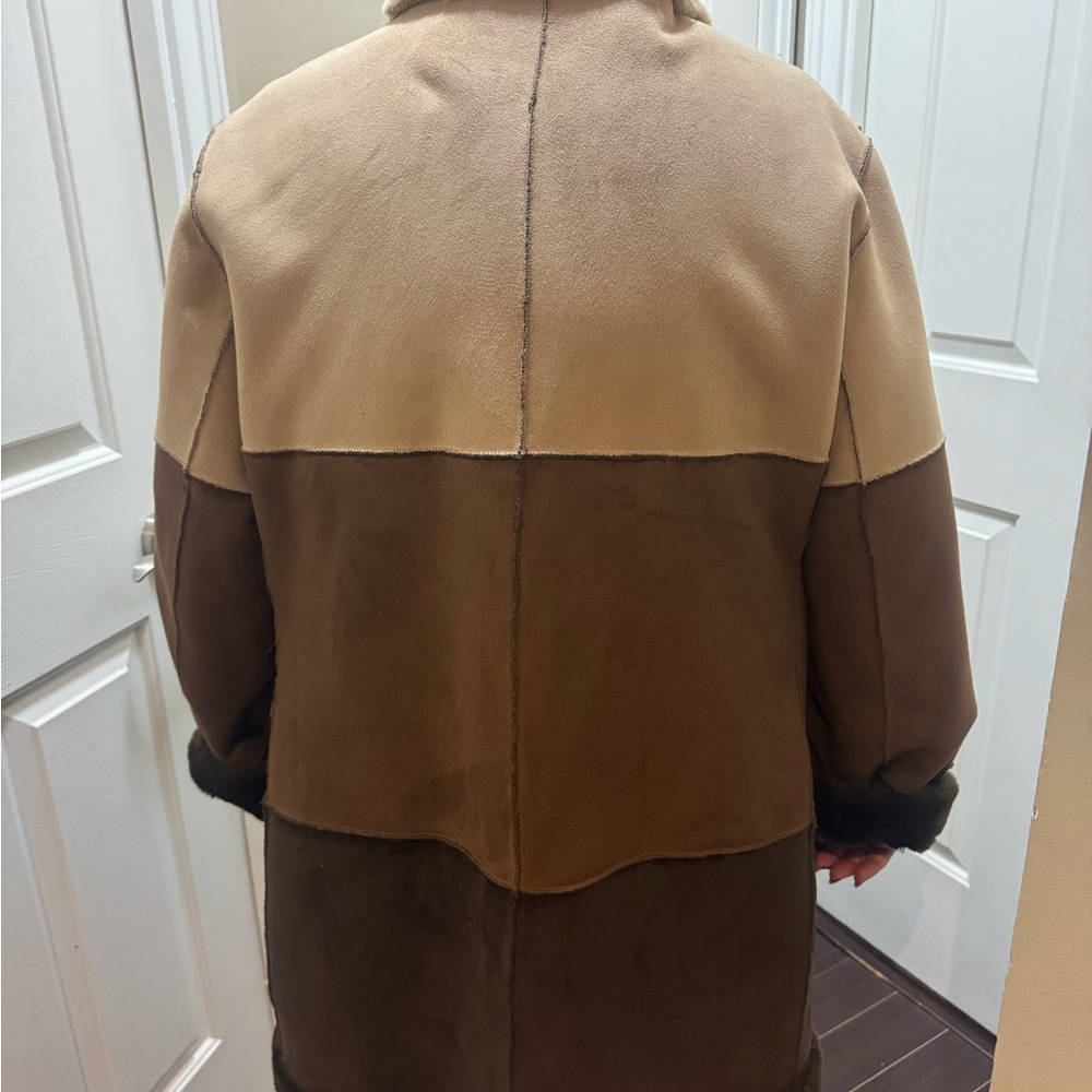 2X brown coat Color block Tan Brown Teddy Jacket suede shearling warm jacket - Picture 2 of 12